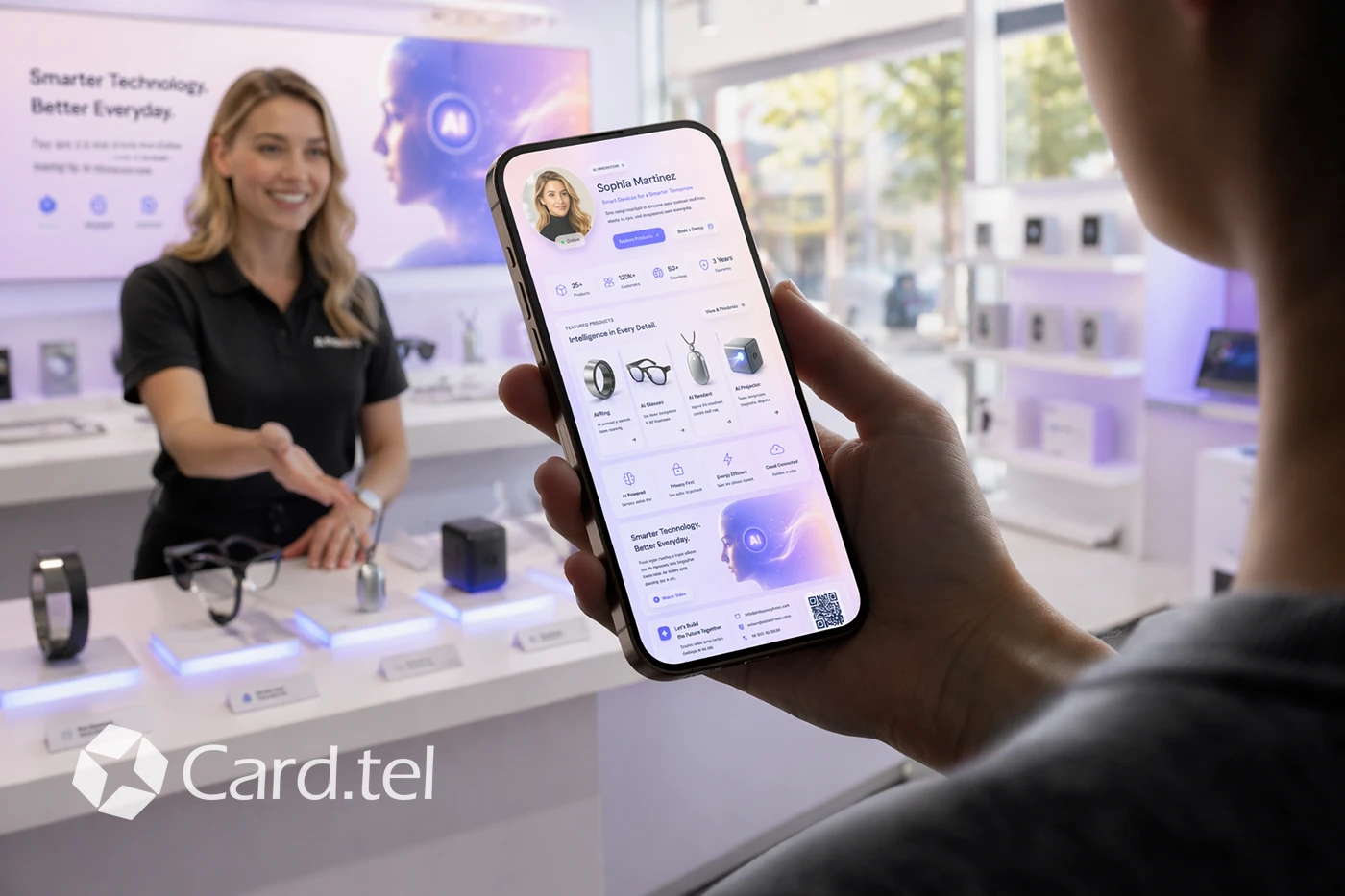 Virtual business card profile shown on a phone